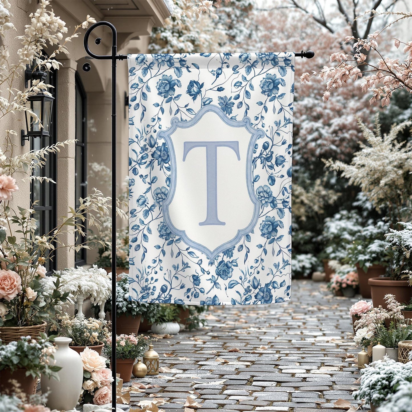Custom Winter Garden Flag with Floral Design, Initial Monogram Outdoor Yard Decor, Seasonal House Decoration, Personalized Gift