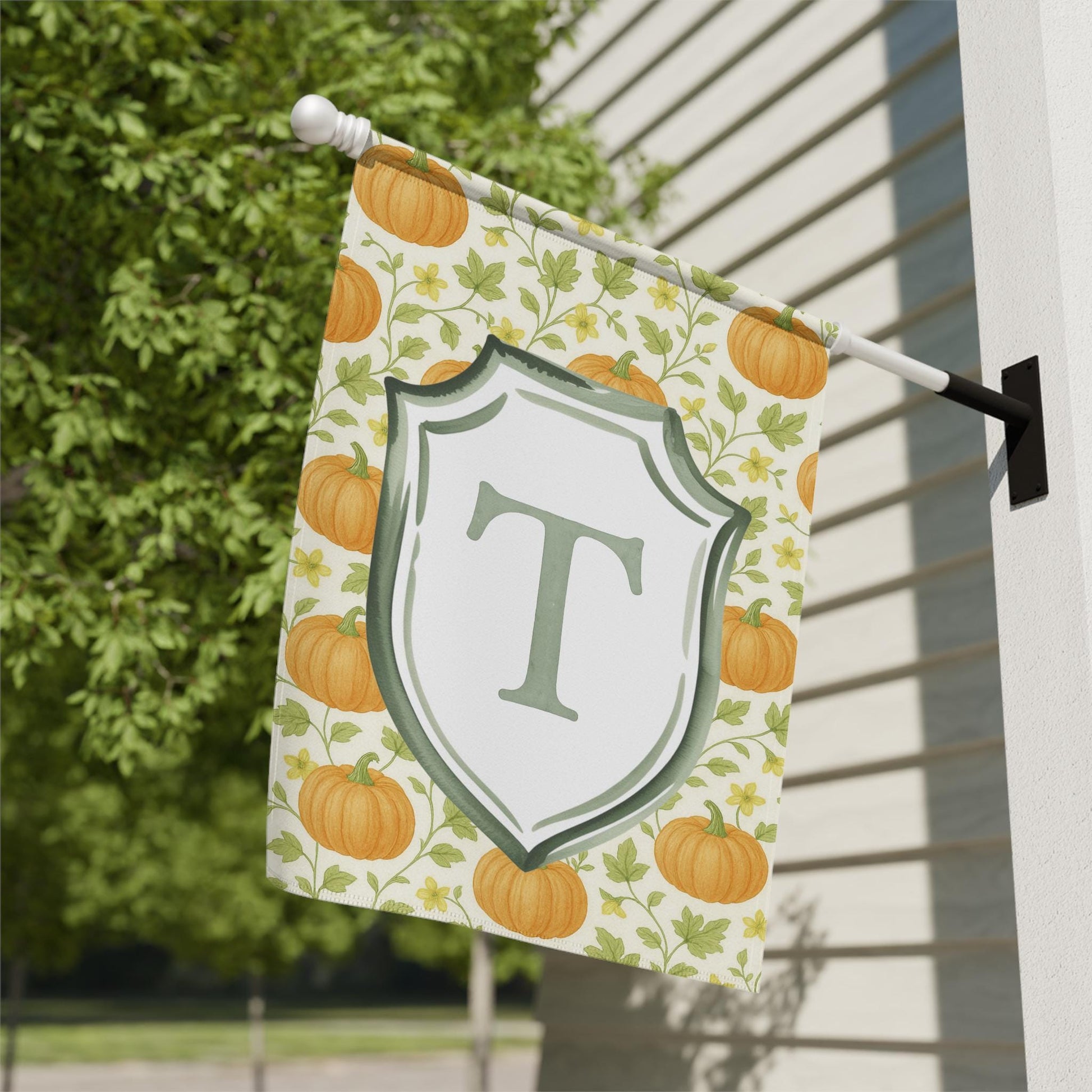 Fall Garden Flag, Pumpkin Print Garden Flag, Autumn Home Decor, Yard Decoration, Festive Outdoor Flag, Initial T Flag, Harvest Time Decor