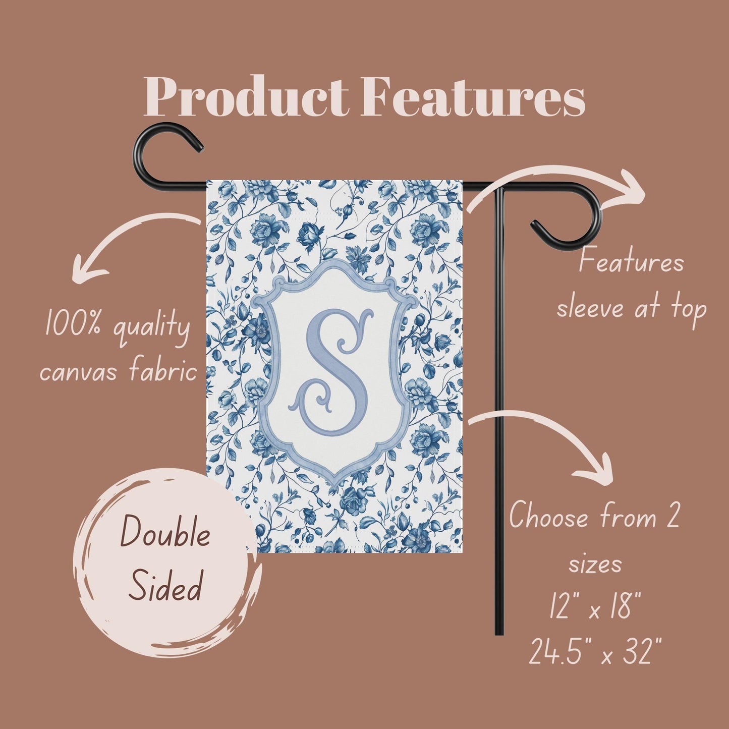 Garden Flag Double Sided, Blue Floral Monogram Banner, Outdoor Decor, Choose 12x18 or 24.5x32, Customizable Yard Flag