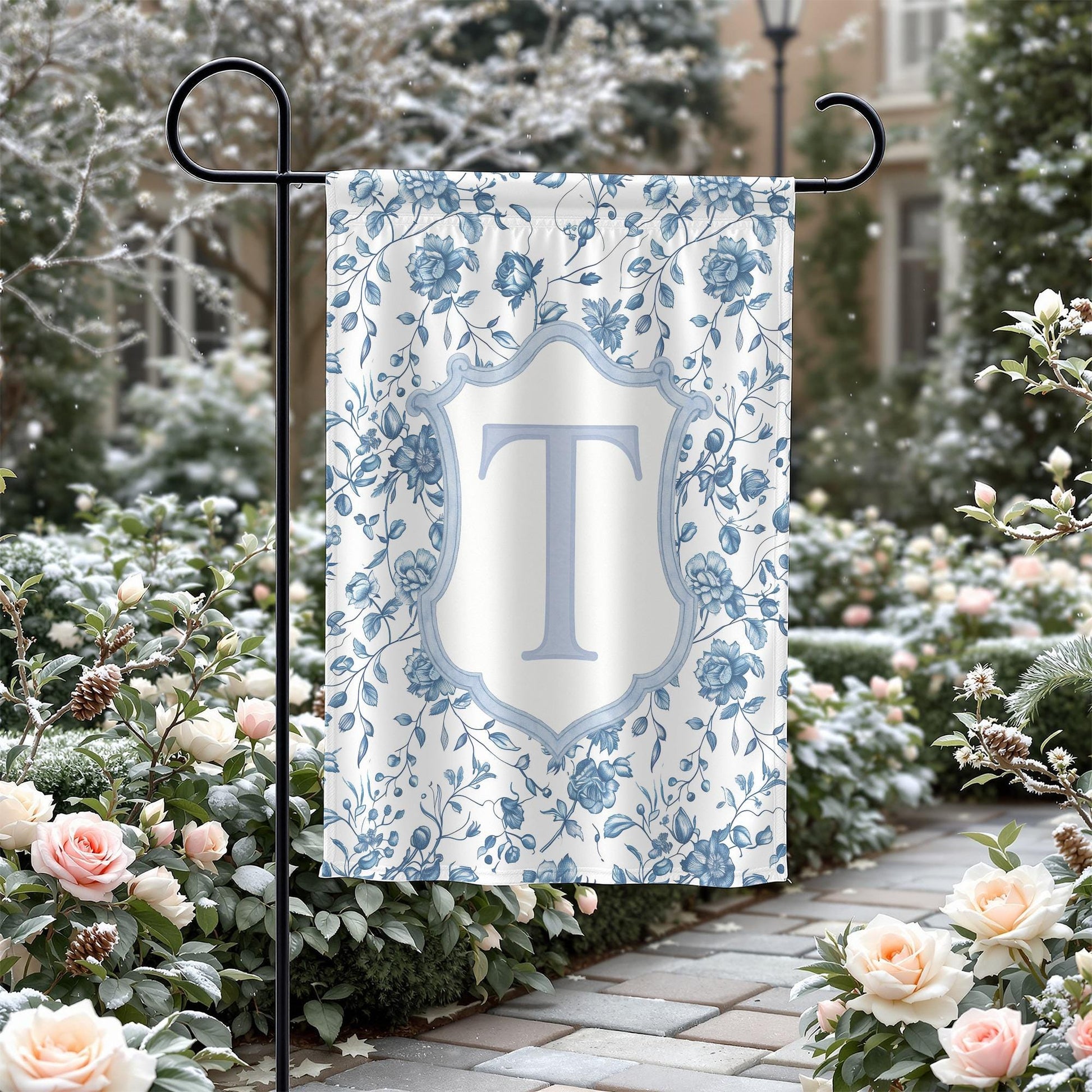 Decorative Garden Flag with Monogram, Blue and White Floral Design Garden Decor, Personalized Outdoor Yard Flag, Initial Garden Banner
