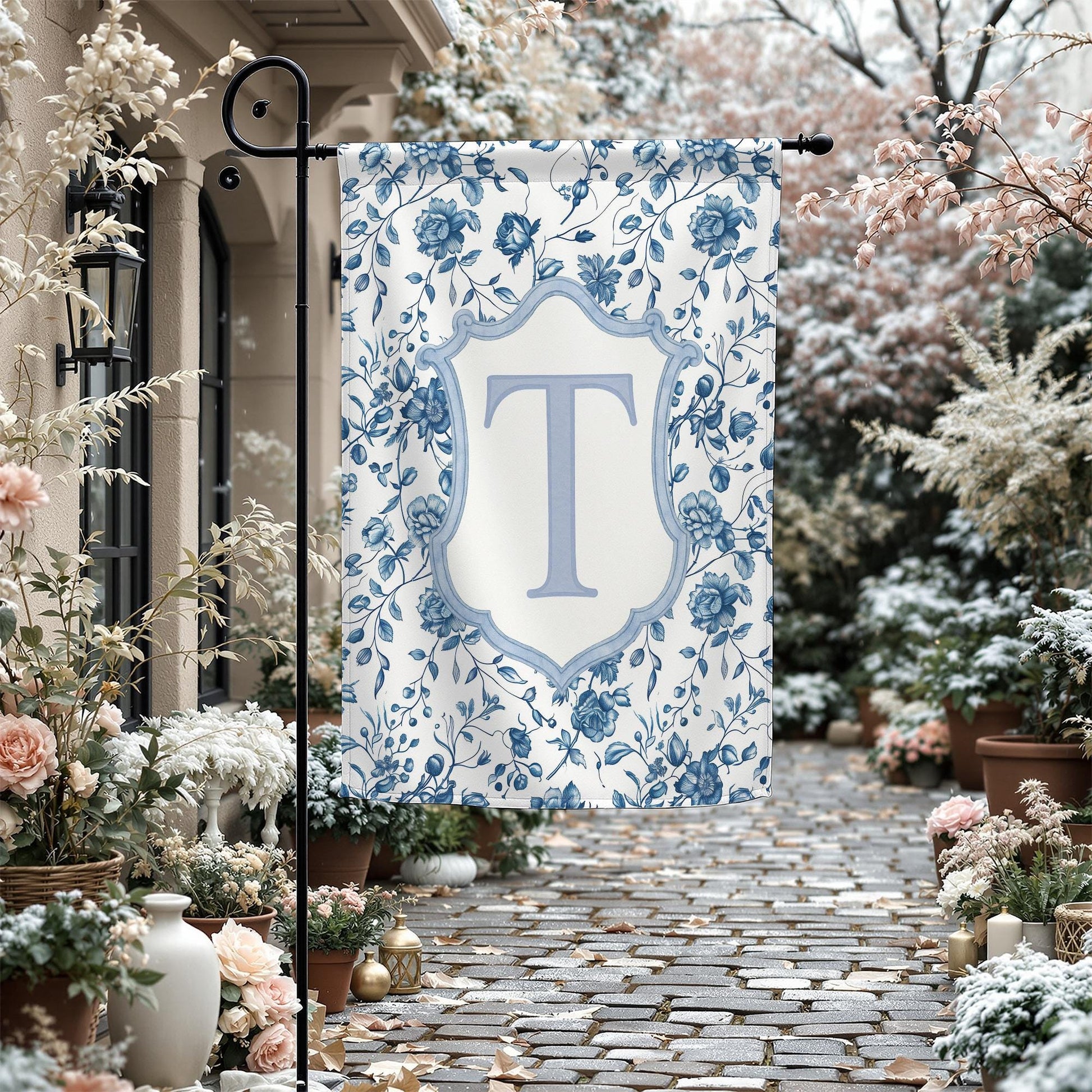 Custom Winter Garden Flag with Floral Design, Initial Monogram Outdoor Yard Decor, Seasonal House Decoration, Personalized Gift