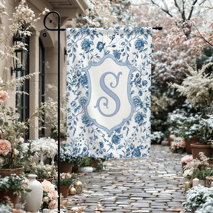 Garden Flag with Floral Design, Blue and White Garden Flag, Outdoor Decor, Monogrammed Garden Flag, Decorative Flag for Yard