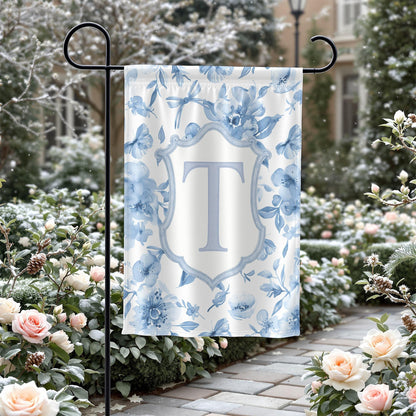 Monogram blue floral garden flag, Decorative outdoor flag with initial T, Personalized yard decor for home garden