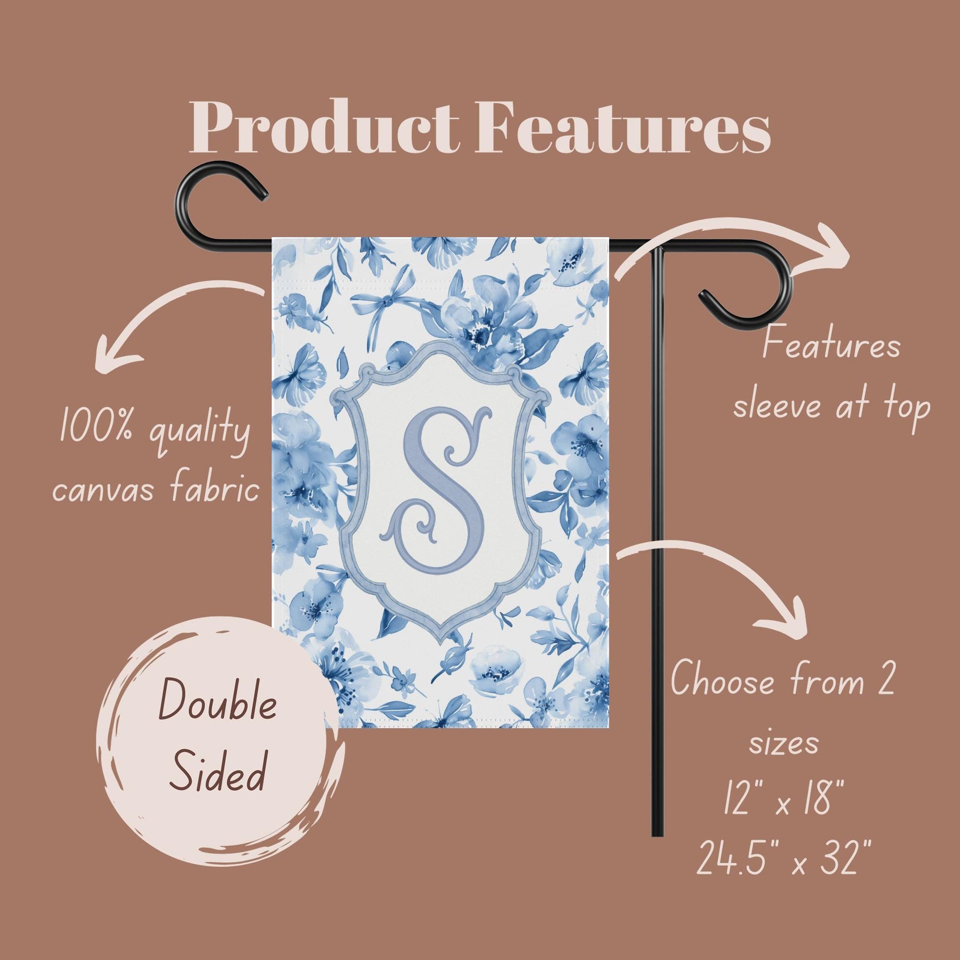 Monogram S floral garden flag, Double sided yard flag, Outdoor garden decor, Choose from 2 sizes garden flag, 12&#39; x 18&#39; or 24.5&#39; x 32&#39;