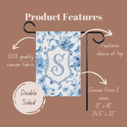 Monogram S floral garden flag, Double sided yard flag, Outdoor garden decor, Choose from 2 sizes garden flag, 12&#39; x 18&#39; or 24.5&#39; x 32&#39;