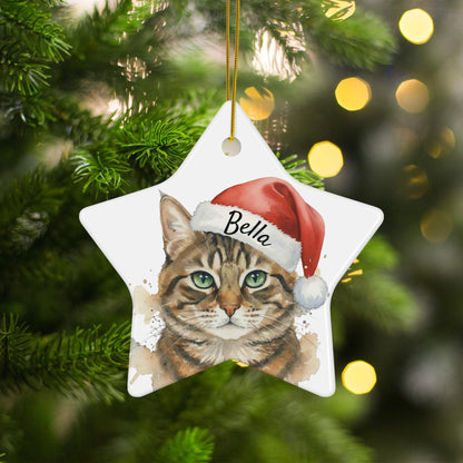 Personalized Cat Christmas Ornament, Star Shaped Cat Ornament with Santa Hat, Custom Pet Ornament, Cat Lover Gift