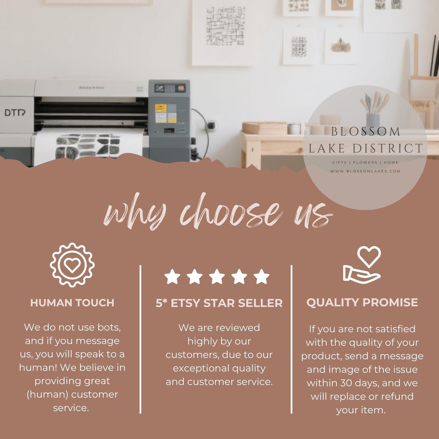 Why Choose Us Sign, Customer Service Pledge Print, Etsy Shop Decor, 5 Star Seller Print, Neutral Office Art, Quality Promise Poster