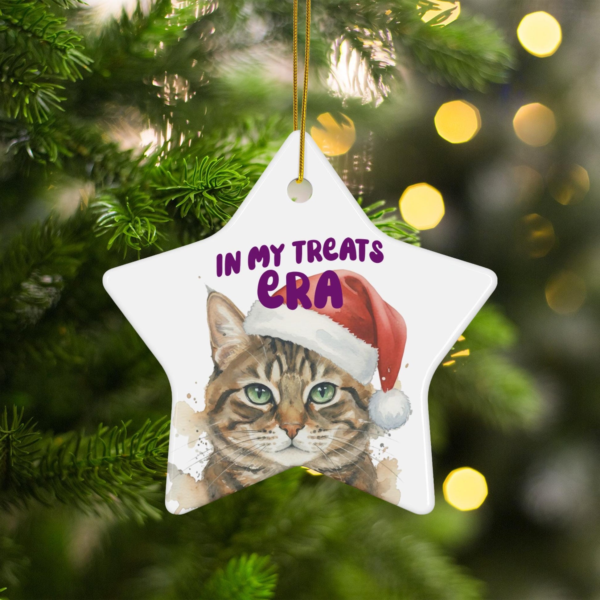 Christmas cat ornament, star-shaped pet ornament, holiday tree decoration, cute tabby cat with Santa hat, festive cat gift