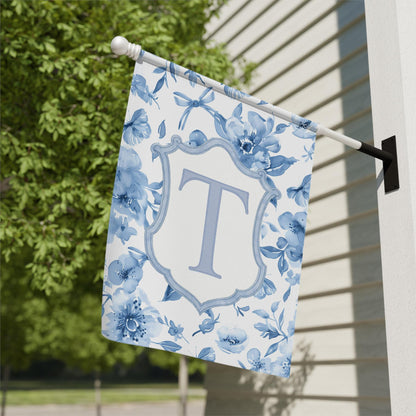 Blue Floral Monogram Initial T Garden Flag, Decorative Outdoor Yard Sign, Personalized Welcome House Flag, Spring Summer Decor Flag