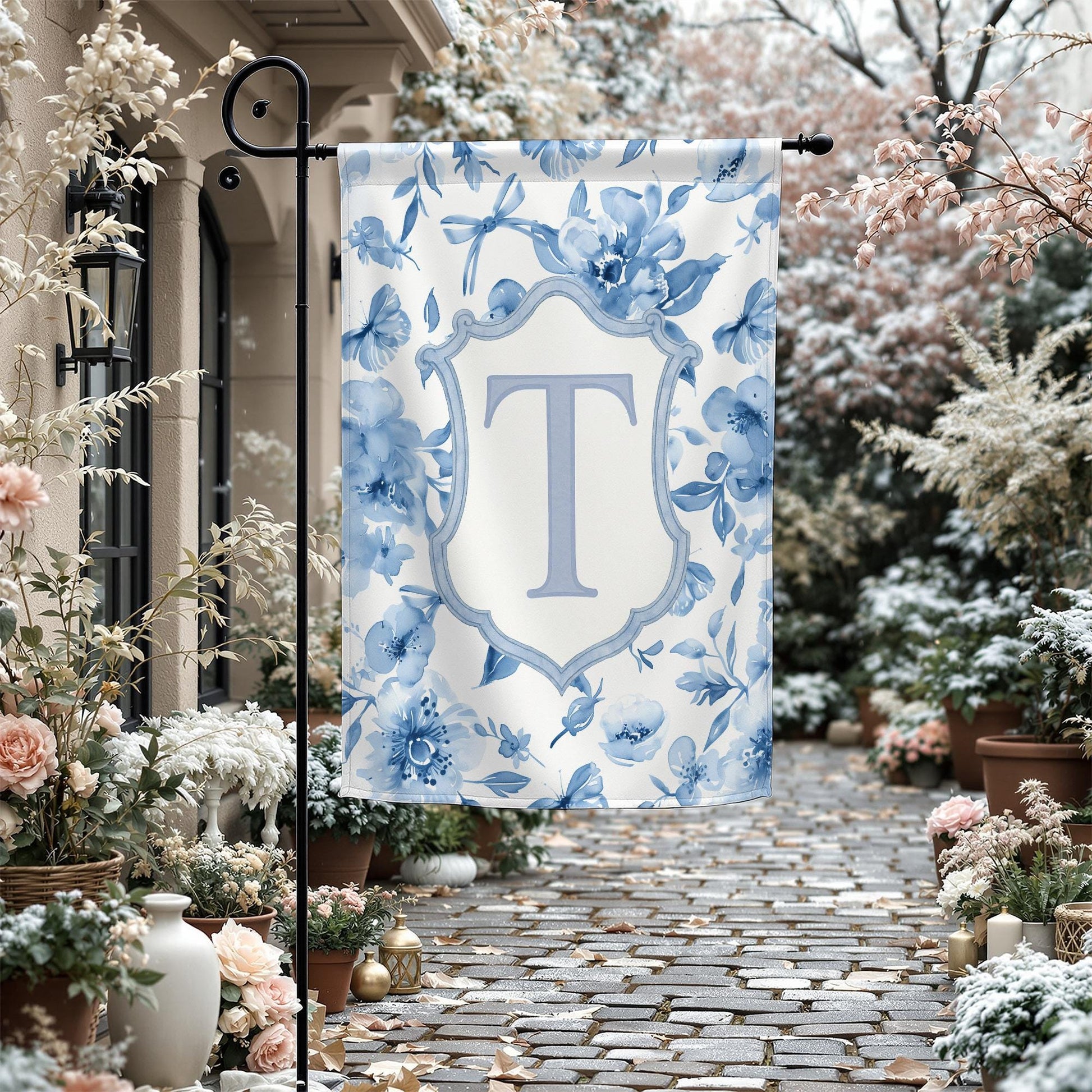Monogram T Garden Flag, Winter Floral Flag, Decorative Yard Banner, Seasonal Outdoor Decor, Personalized Initial Flag