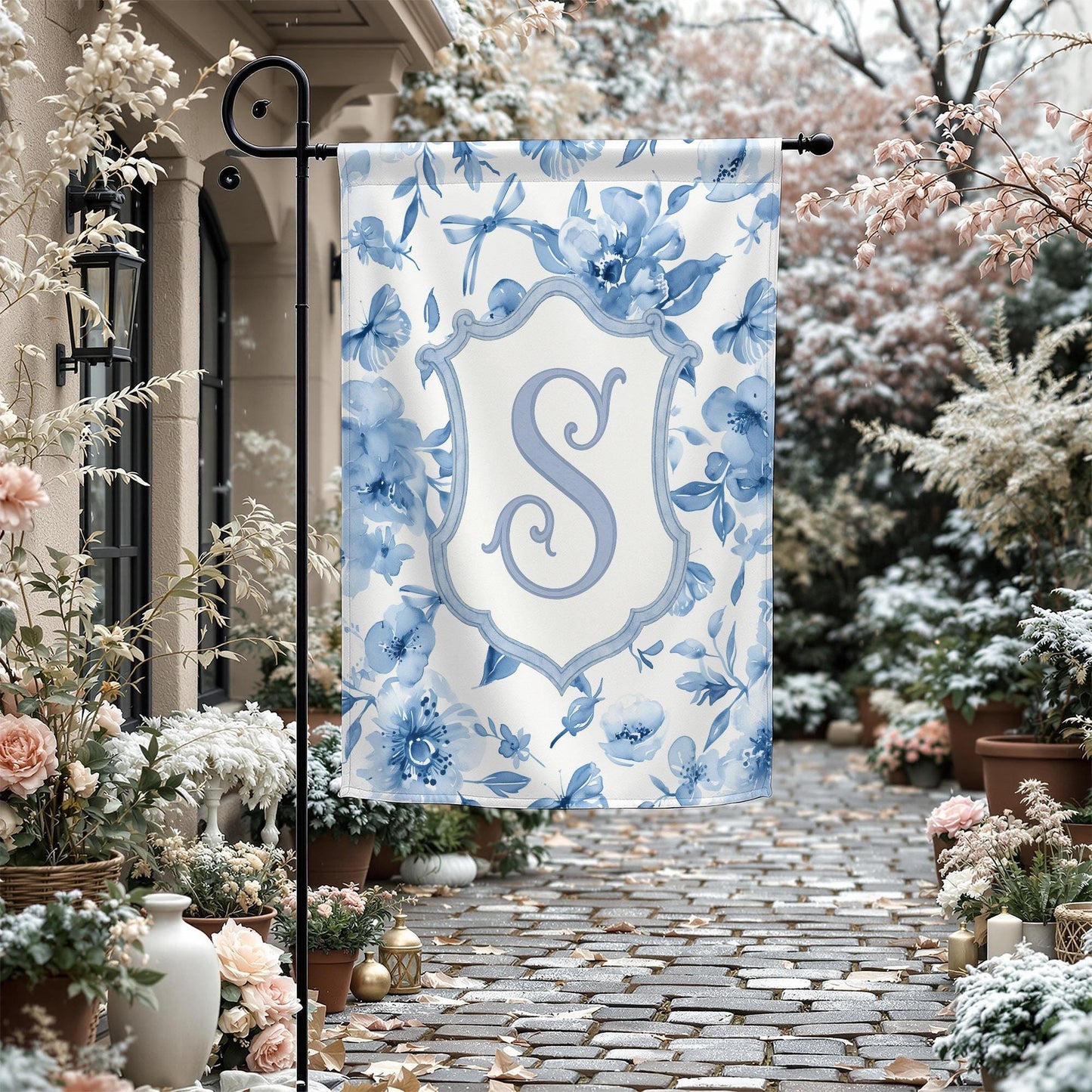 Blue Floral Garden Flag Decorative Outdoor Banner Monogram S Lovely Spring Decor Courtyard Yard Flag Housewarming Gift