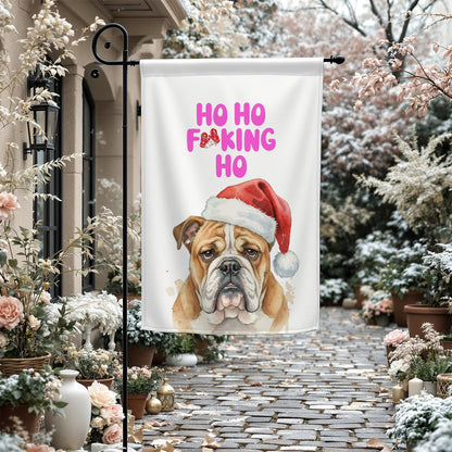Holiday Bulldog Garden Flag, Christmas Yard Decoration, Santa Hat Dog Banner, Festive Outdoor Decor, Winter Scene Flag