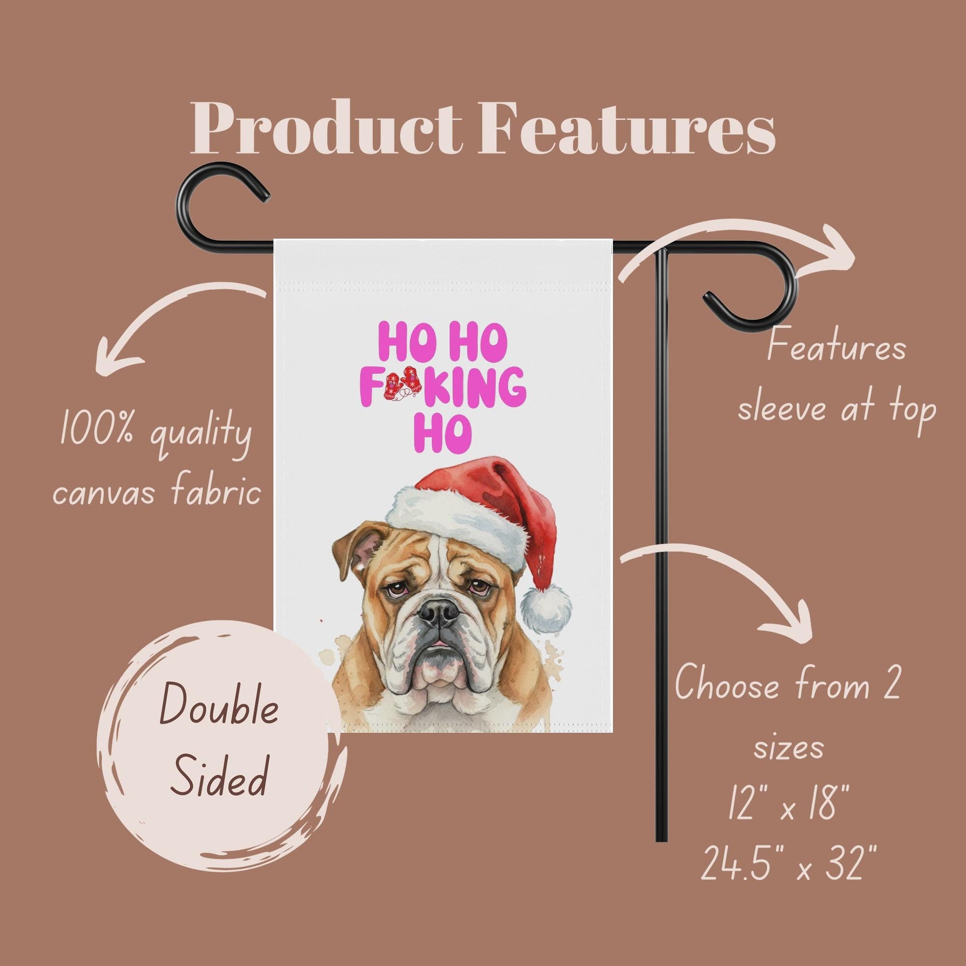 Christmas Bulldog Garden Flag, Funny Dog Lover Decoration, Holiday Yard Banner, Double Sided, Ho Ho F***ing Ho Sign, Perfect Gift