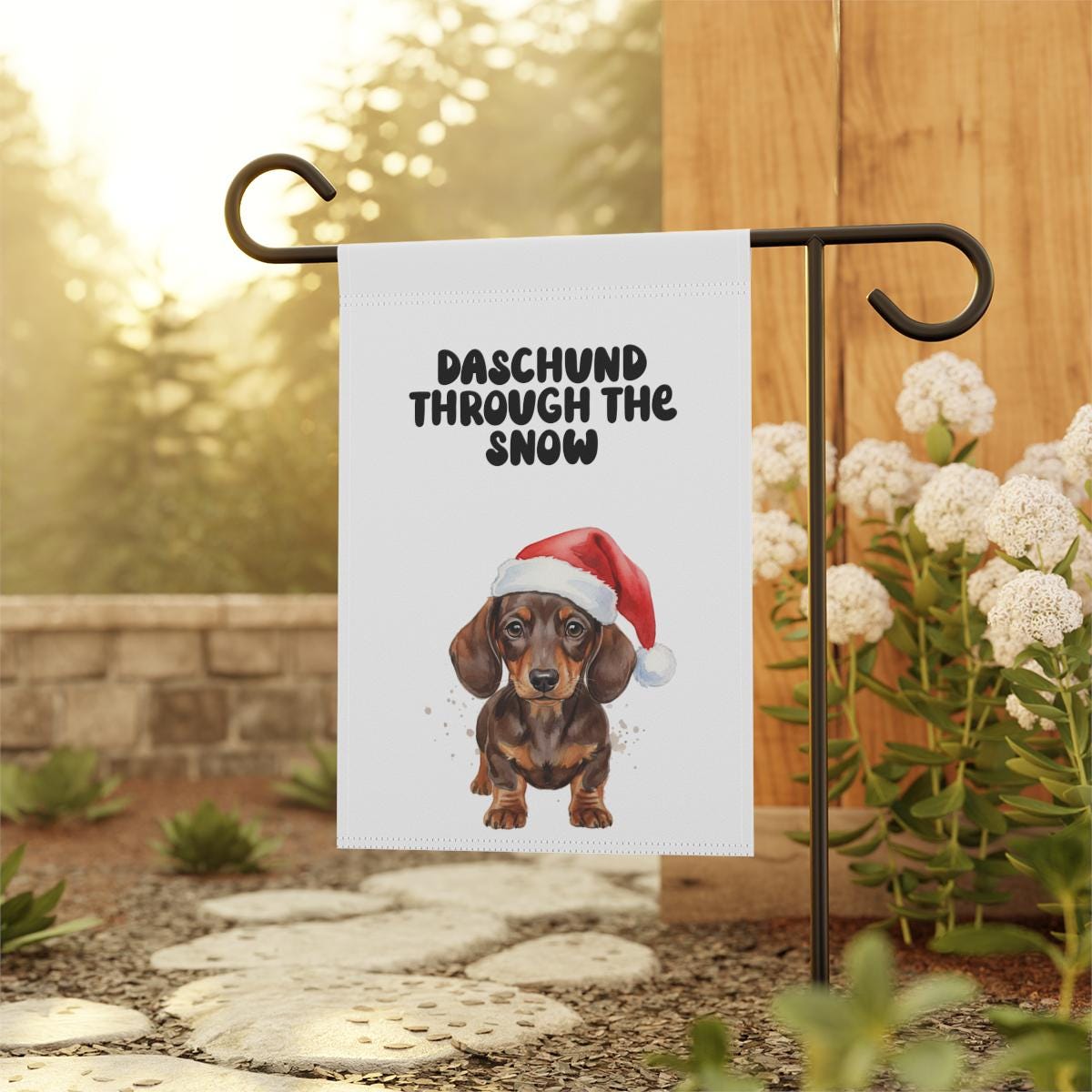 Dachshund Through The Snow Garden Flag, Cute Christmas Decor, Festive Yard Decoration, Holiday Pet Lover Gift, Outdoor Banner