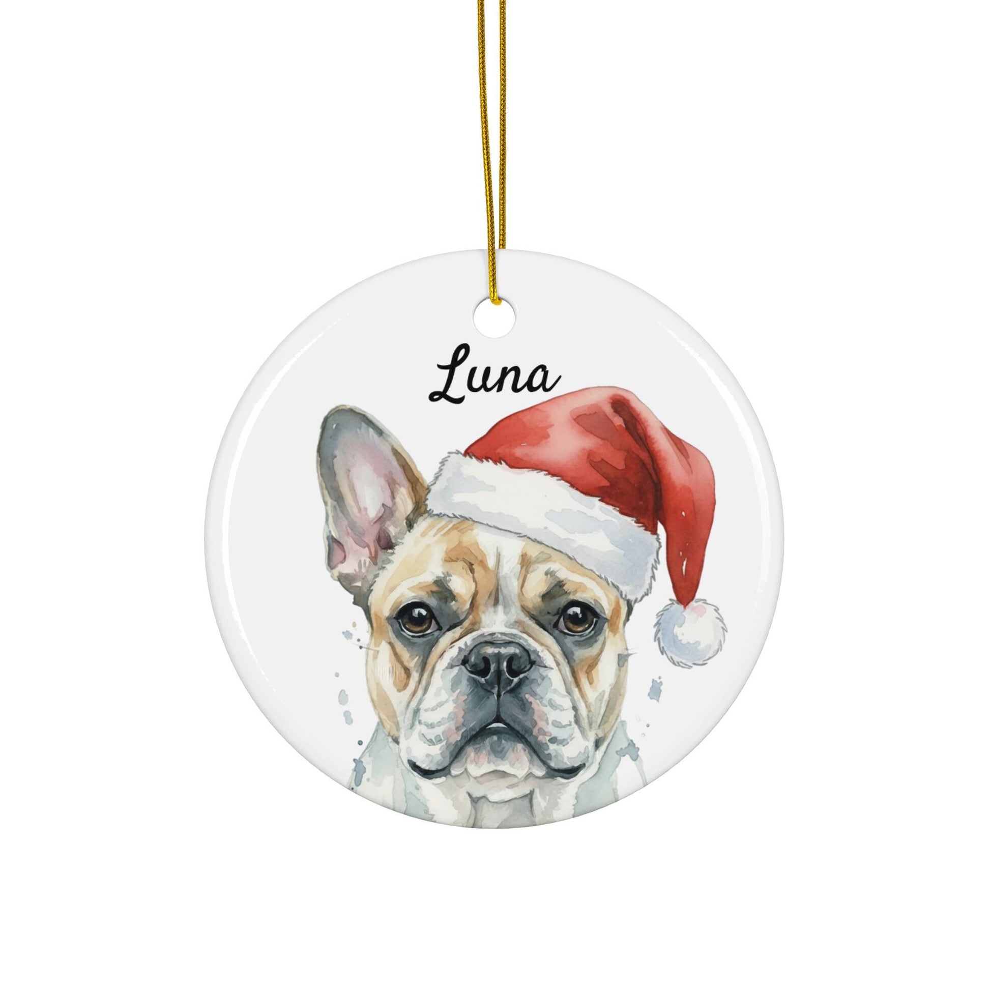 Personalized Dog Christmas Ornament, Custom Pet Name Holiday Decoration, Bulldog with Santa Hat, Pet Lover Gift, Christmas Tree Decor