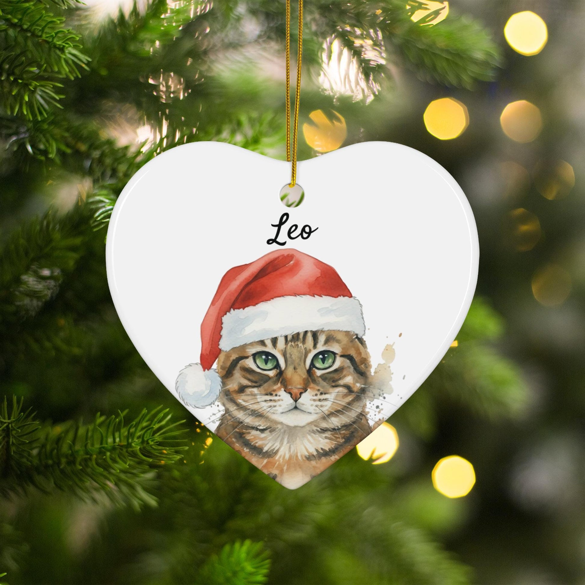 Custom Cat Christmas Ornament, Personalized Pet Ornament, Cute Cat With Santa Hat, Heart Shaped Decoration For Tree