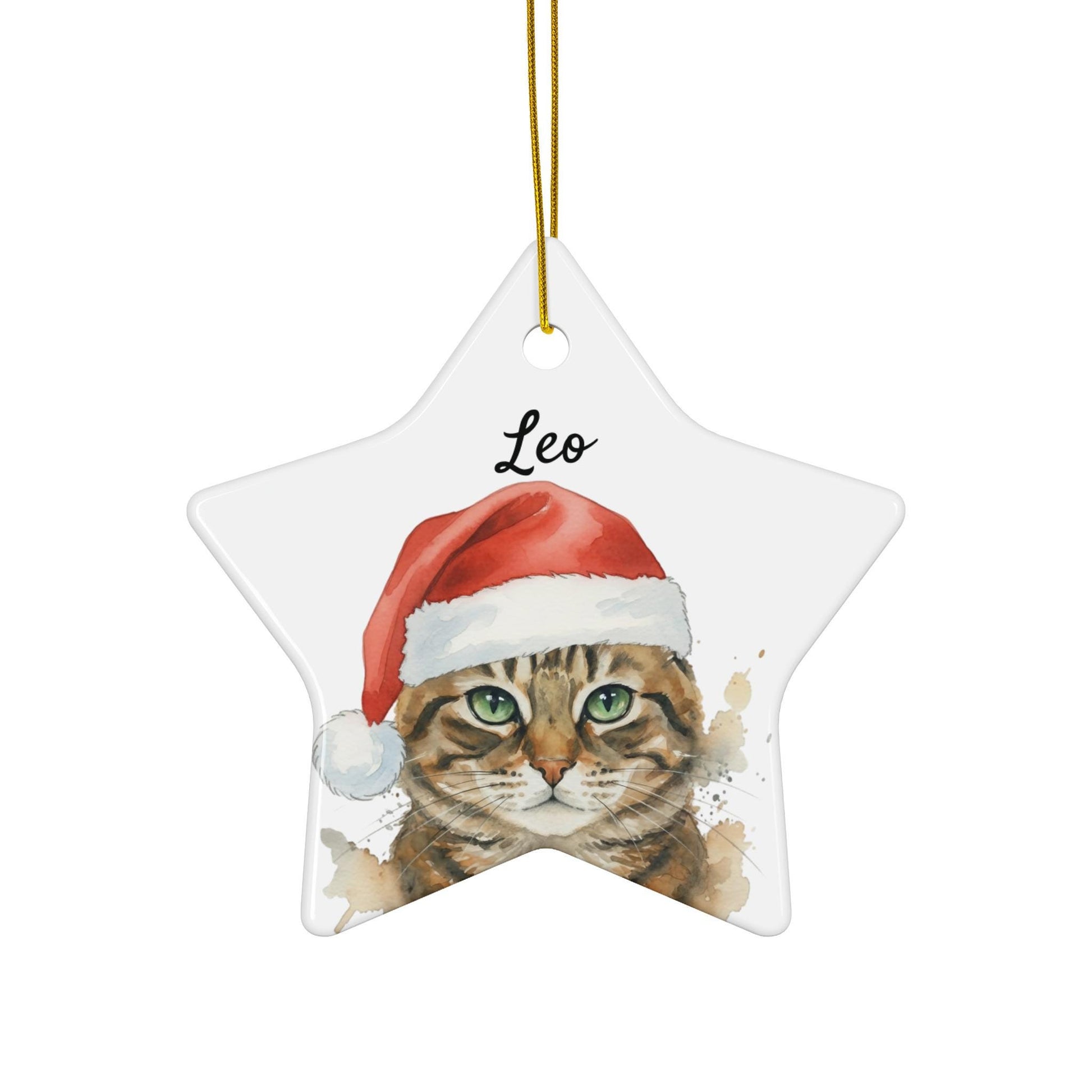 Cat Christmas Tree Ornament, Star Shaped Cat Lover Gift, Adorable Kitty with Santa Hat, Holiday Home Decor, Festive Pet Decoration