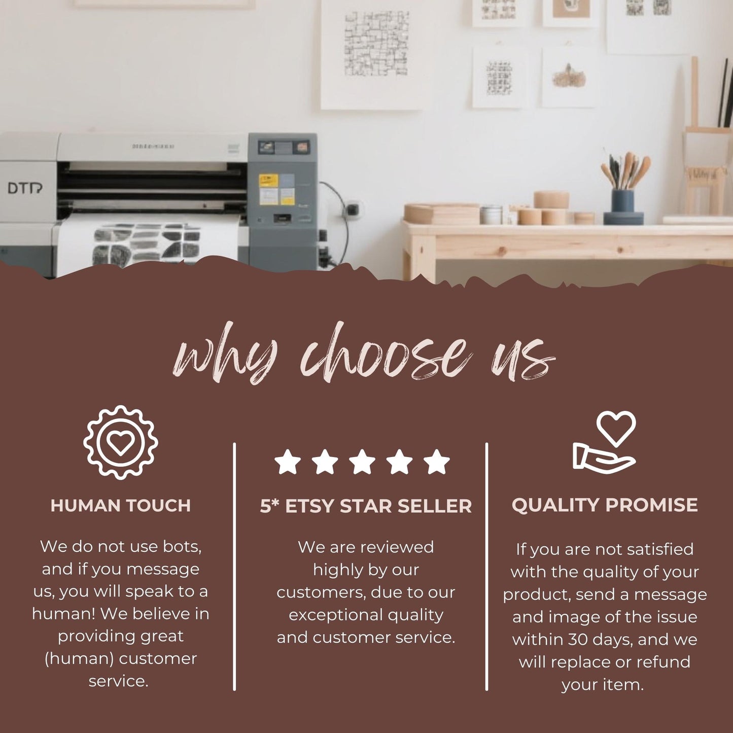 Why Choose Us Poster, Customer Service Sign, 5 Star Seller Display, Quality Promise Print, Human Touch Statement, Etsy Shop Decor