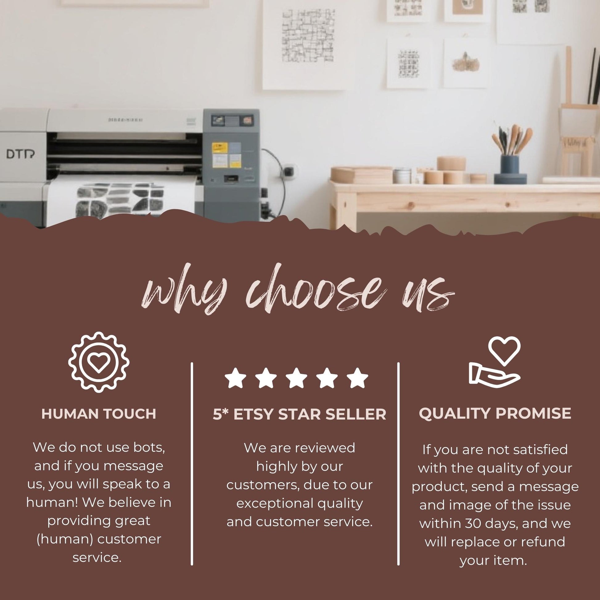 Why Choose Us Poster, Customer Service Sign, 5 Star Seller Display, Quality Promise Print, Human Touch Statement, Etsy Shop Decor