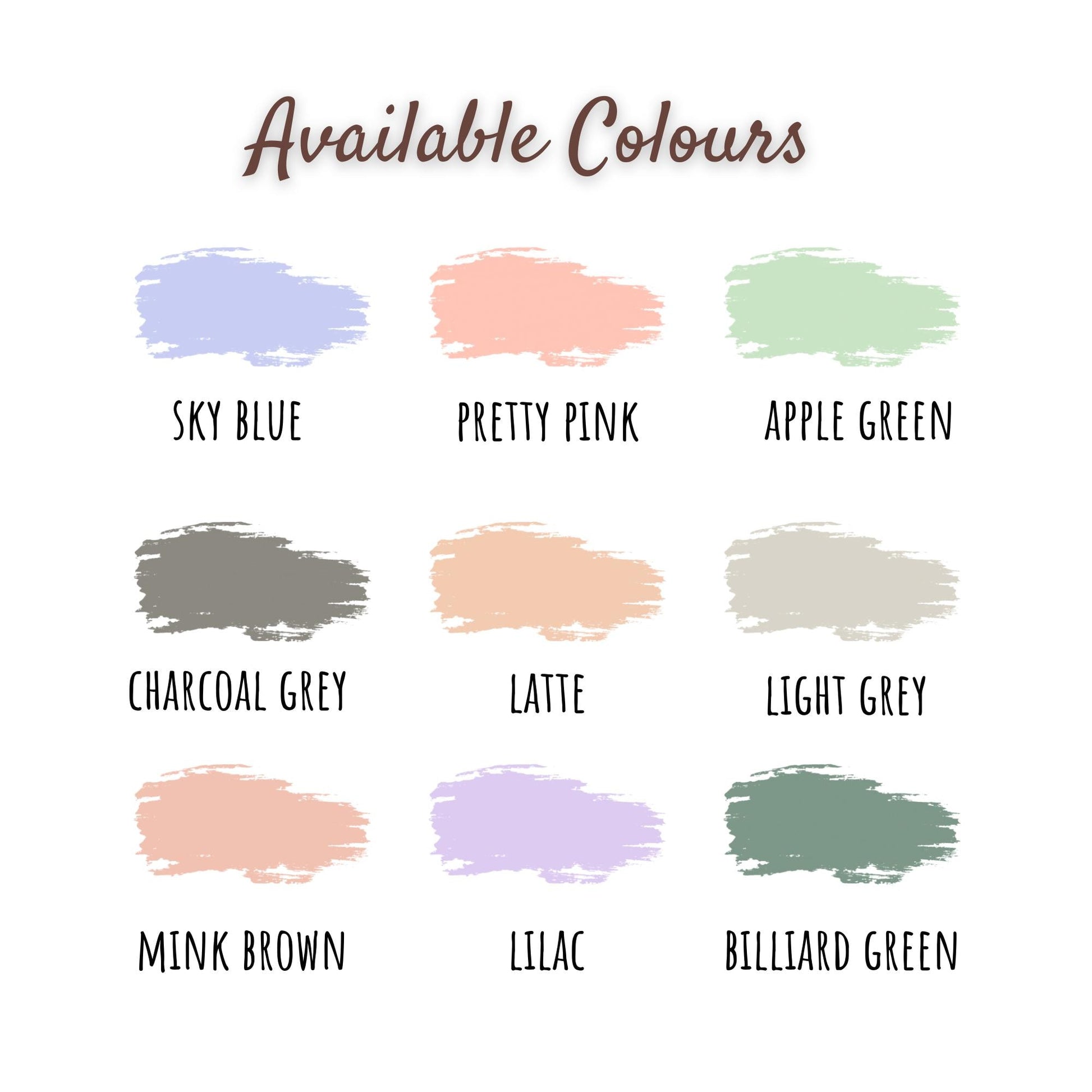 Color Options Sign For Home Decor, Available Colours Sky Blue Pretty Pink Apple Green Charcoal Grey Latte Light Grey Mink Brown Lilac
