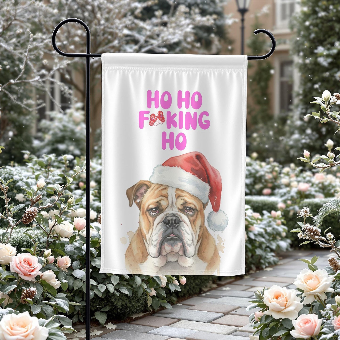 Funny Christmas Bulldog Garden Flag, Santa Hat Dog Yard Decor, Ho Ho Fkking Ho Outdoor Decoration, Cute Bulldog Holiday Flag