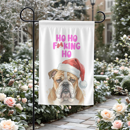 Funny Christmas Bulldog Garden Flag, Santa Hat Dog Yard Decor, Ho Ho Fkking Ho Outdoor Decoration, Cute Bulldog Holiday Flag