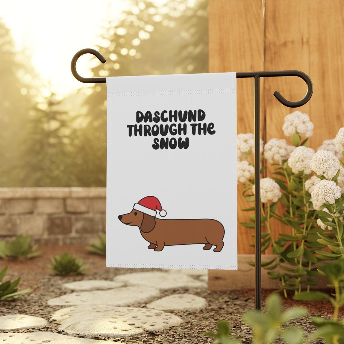 Daschund Through The Snow Garden Flag, Holiday Garden Decor, Christmas Garden Flag, Winter Yard Decoration, Festive Outdoor Banner