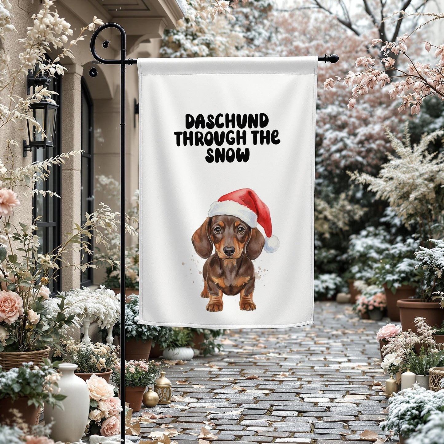 Daschund Through The Snow Garden Flag, Cute Christmas Dog Yard Sign, Holiday Outdoor Decoration, Winter Pet Lover Gift