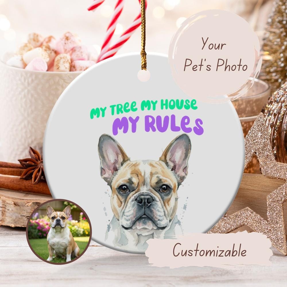 Personalized Pet Photo Ornament, Custom Dog Picture Ornament, Pet Lover Gift, My Tree My House My Rules Decoration