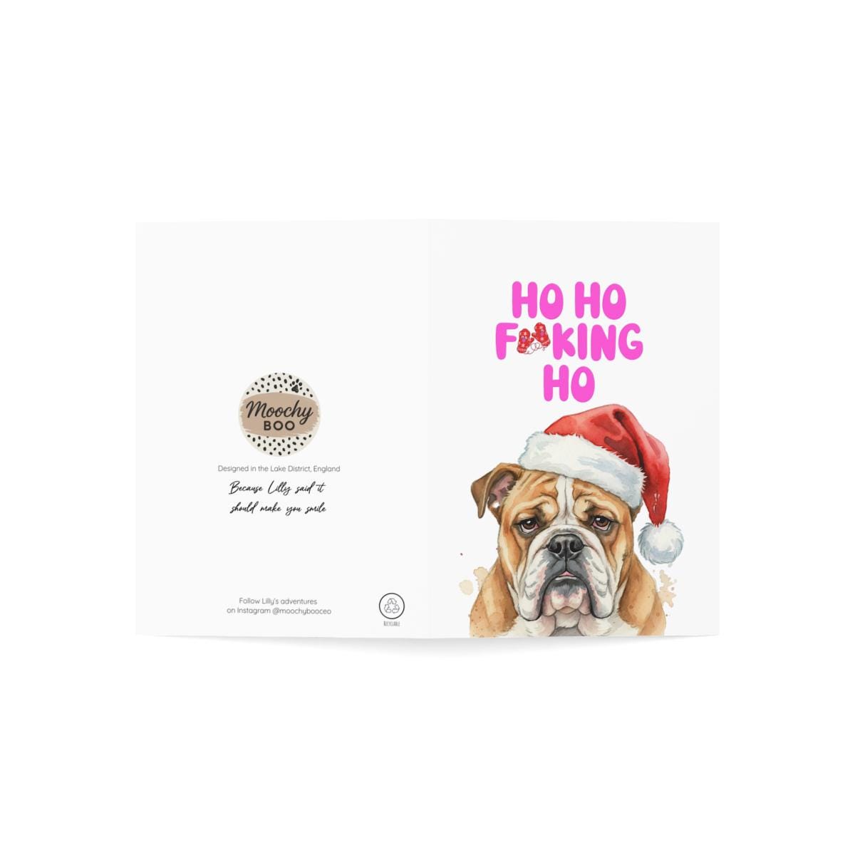 Funny Christmas Card, Bulldog Santa Hat Holiday Card, Humorous Xmas Greeting, Naughty Christmas Card, Unique Dog Lover Card